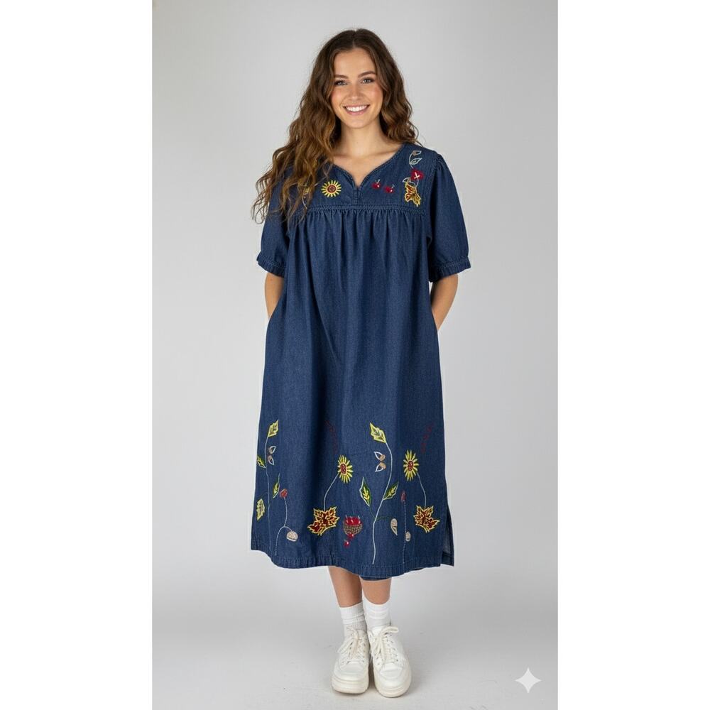 Vintage National Denim Relaxed Midi Dress Sunflower Fall Autumn Womens Size 1X